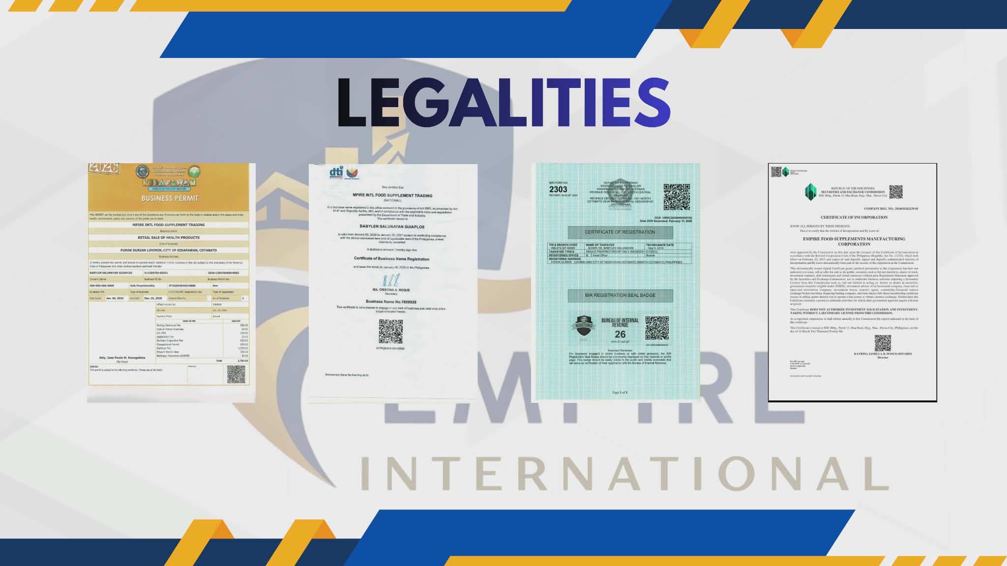 Empire International - Legalities (Business Permits & Certifications)